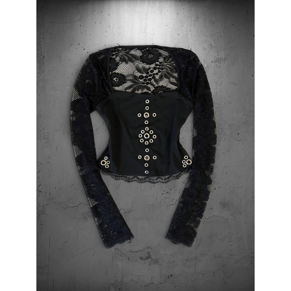 Handmade Grommet Eyelet Floral Lace Long Sleeve Crop Top S Black Goth Whimsigoth